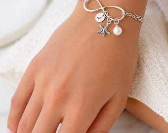 Sterling Silver Infinity Starfish Bracelet: Personalized Initial, Pearl Charm