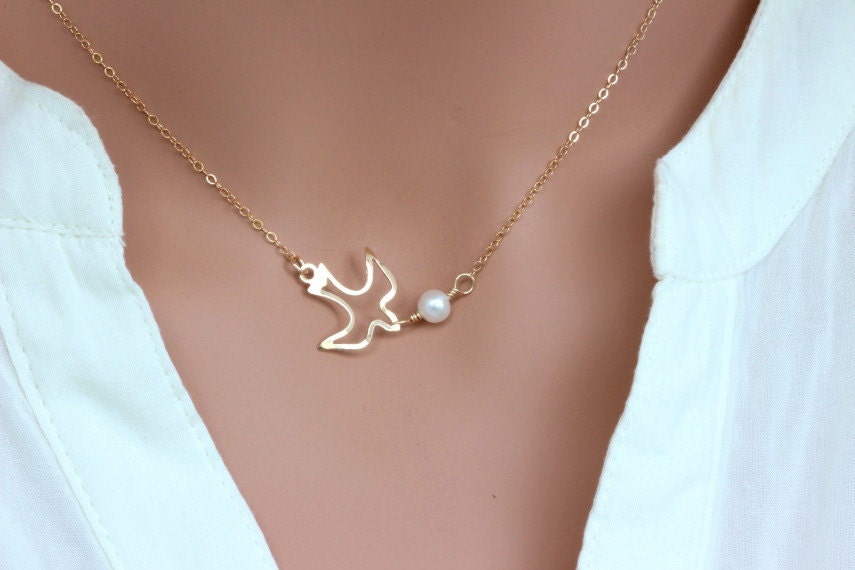 Gold Dove Necklace: Sideways Peace Bird, Freshwater Pearl