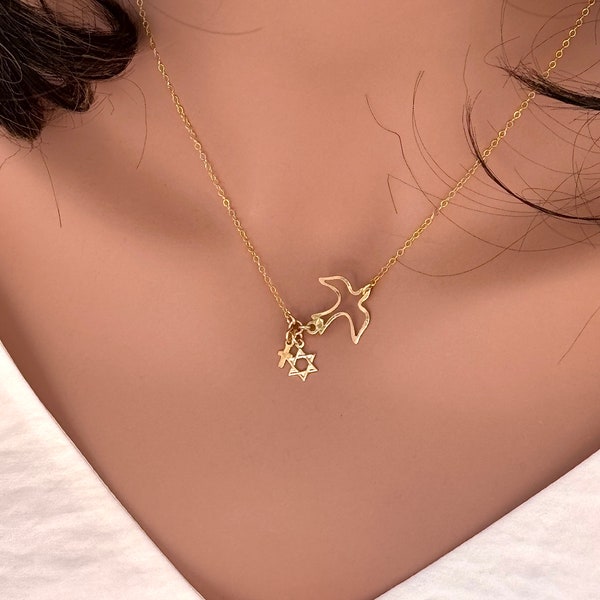 Star of David, Cross, Little Dove Necklace Sterling Silver or 14k Gold Fill, Star of David Cross Pendant Necklace, Messianic Star of David.