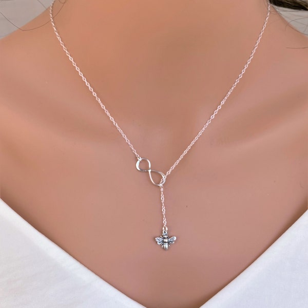 Bee necklace for women, Bumble Bee Necklace Sterling Silver, Infinity Bee lariat necklace, Honeybee Bumble Bee Charm, Sterling silver bee.