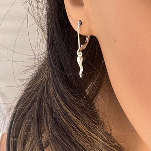 Gold Italian Horn Lever Back Earrings: Sterling Silver Cornicello Hoops