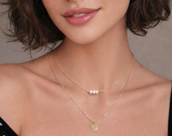 Gold Layered Necklace Set: Freshwater Pearl & Hammered Disc