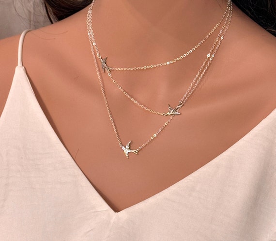 Flying Birds Necklace in Sterling Silver or 14k Gold Filled