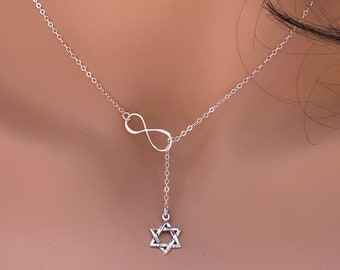 JEWISH STAR NECKLACE, Tiny David Star Pendant Infinity Symbol Necklace, Delicate Lariat Thin Chain Necklace Gift For Her, Bat Mitzvah Gfit.