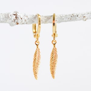 Gold Filled Feather Dangle Earrings: Bohemian Jewelry