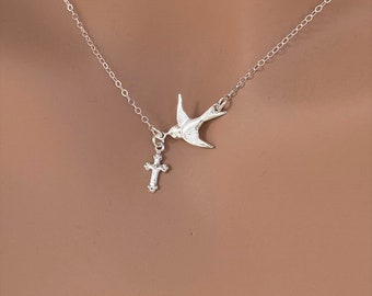 GOLD CROSS NECKLACE, Tiny Cross Flying Bird Confirmation Jesus Christian Necklace, Modern Design Sparrow Necklace Gift For Her, Christian