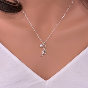 Handmade Music Note Necklace: Sterling Silver Treble Clef, Freshwater Pearl