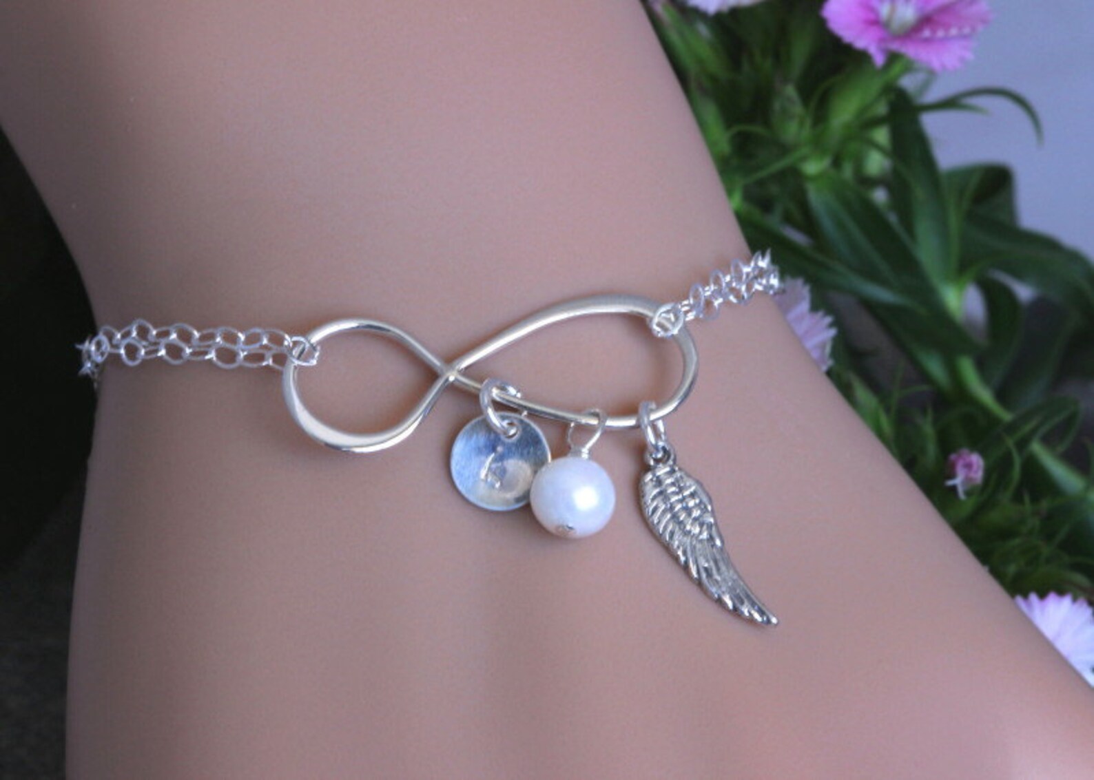 Infinity Initial Feather Bracelet memorial gift for her | Etsy