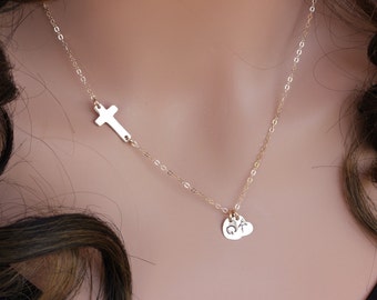 Cross necklace women - sidways cross necklace - cross jewelry Gold/Silver - Personalized cross - Religion gifts - Custom initial necklace