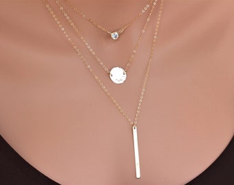 Gold Layered Necklace -  layered Necklace Set - Three Layered Necklace - CZ Necklace - Disc Necklace -  Bar necklace - Layered and long