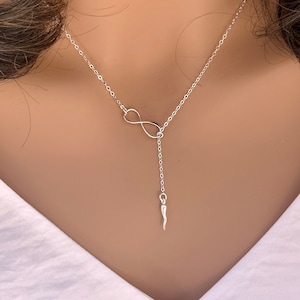 Sterling Silver Italian Horn Necklace: Good Luck Charm, Infinity Y Lariat