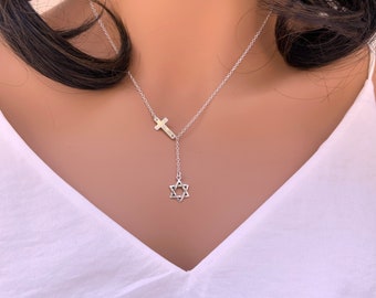 Star of David wt Cross Necklace, Cross wt Magen David Necklace, Messianic Star of David and Cross, 925 Silver Cross David Star, Minimalist.