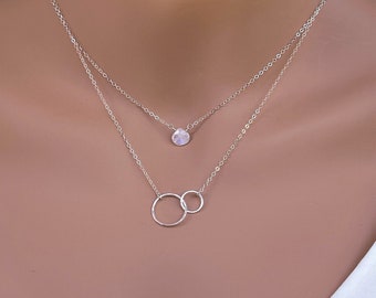 Moonstone layered Necklace, Gemstone Layering Jewelry, Double Circle Necklace, Sterling Silver/14k Gold Fill Eternity Two Circles moonstone.