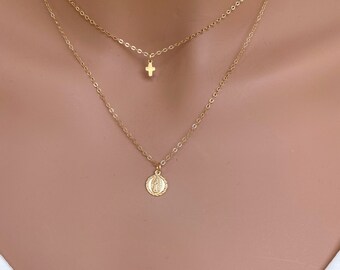 [LOVE ME MONSTER] Gold Ball & Tiny Cross Necklace セット Tiny Cross and Saint Charm, Layered Necklaces Set, Layer