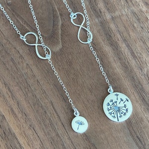 Mother Daughter Sterling Silver Dandelion Necklace Set: Infinity Lariat