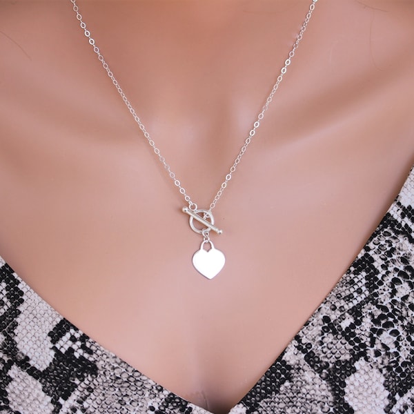 Toggle clasp necklace, 925 Silver Personalized Heart Tag Charm Toggle Necklace, Toggle Heart Necklace, Monogram Heart Charm. Gift for Her.