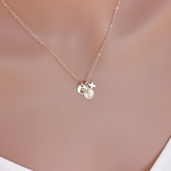 konfirmation geschenk mädchen, God Daughter Gift, Personalized virgin mary wt tiny cross, Sterling silver/14k Gold Fill, Erstkommunion