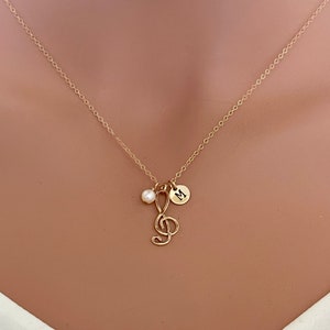 Gold Filled Music Note Necklace: Initial Charm, Pearl Drop