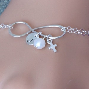 Tiny Cross Bracelet, Silver Infinity Adjustable Chain Faith Bracelet, Confirmation Religious, Initial Pearl Bracelet, Gift for Friend