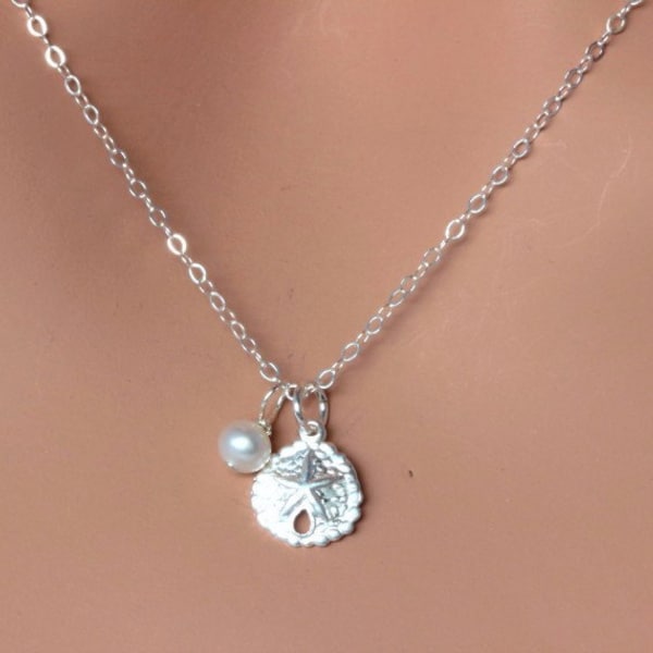 Sand Dollar and Freshwater Pearl Necklace - 14k Gold fill / Sterling silver  Sandollar Pendent - Beach Wedding gift - Sea Ocean Weddings