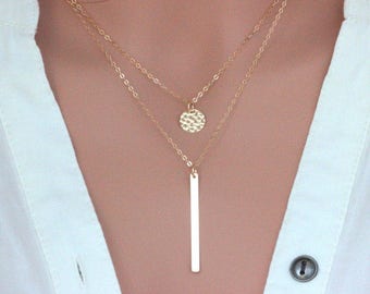 Layered necklace Gold, Gold Bar Necklace, Long Bar & Disc Necklace, Layered Gold Necklace, Double Layered necklace,Multi layer necklace Gift