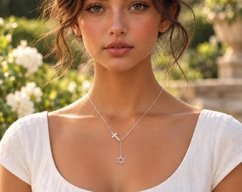 Sterling Silver Messianic Star of David Cross Necklace