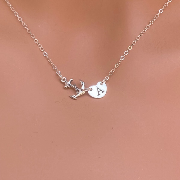 Personalisierte Sterling Silber Anker Halskette: Initial Anhänger, Nautischer Schmuck