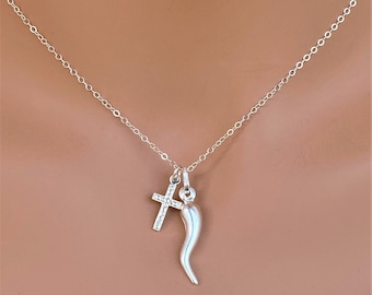 Italian Horn with Cross Necklace for Adult - Gold Fill/Sterling Siver Horn Charm and Cross Necklace - Dainty Women Cornetto Cornicello Charm