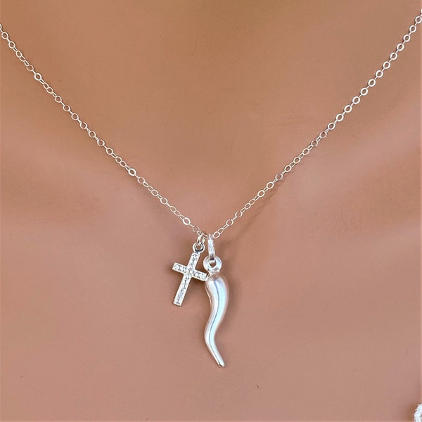 Italian Horn with Cross Necklace for Adult - Gold Fill/Sterling Siver Horn Charm and Cross Necklace - Dainty Women Cornetto Cornicello Charm