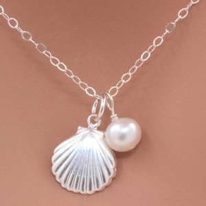 Sterling Silver Seashell Necklace: Pearl Charm, Beach Jewelry