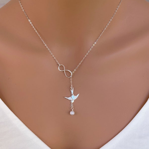 Bird necklace for women, Infinity Bird Lariat Necklace in Sterling silver, Flying Bird dangle Necklace, Freshwater Pearl and Dove Bird, Gift