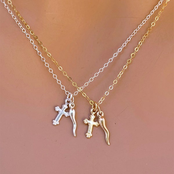 Tiny Italian Horn and Cross Pendant,Tiny Gold Italian Horn Necklace Gold Horn Charm Small Cross Sterling Silver, 14k Gold Fill, Gift for her