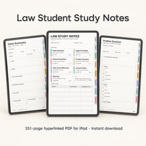May include: Three digital tablets displaying Law Student Study Notes. The screens show hyperlinked templates for case summaries, legal principles, statute breakdowns, and problem questions with organised sections for facts, issues, and rules.