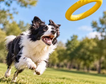 Peut inclure: Un chien Border Collie noir et blanc courant sur un terrain herbeux, la gueule ouverte, poursuivant un anneau de jeu jaune vif suspendu dans les airs au-dessus du chien, sur fond de ciel bleu clair dégagé.