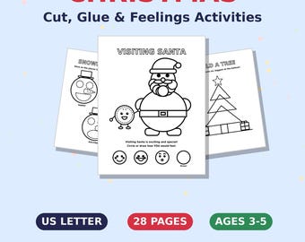 Actividades navideñas imprimibles para niños pequeños, práctica de recorte y páginas para colorear sobre emociones, edades de 3 a 5 años, tamaño carta estadounidense.