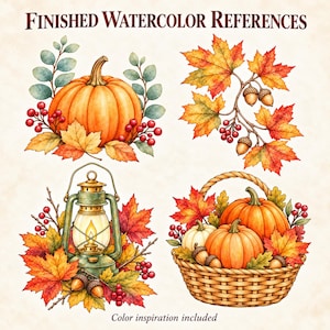 May include: Watercolor illustrations labeled FINISHED WATERCOLOR REFERENCES and Color inspiration included. Features an orange pumpkin with berries and leaves, maple leaves with acorns, a lantern with foliage, and a basket of pumpkins.