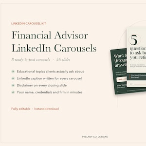 Peut inclure: Un kit de carrousel LinkedIn pour conseillers financiers comprenant 56 diapositives sur 8 carrousels. Le design utilise des tons vert foncé et crème avec le texte Financial Advisor LinkedIn Carousels, 5 questions to ask before you retire.