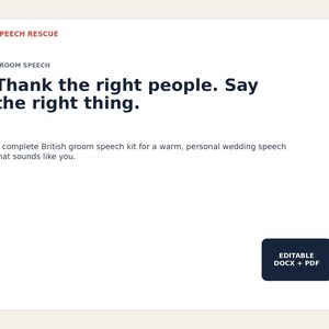 Peut inclure: Un document numérique intitulé Speech Rescue Groom Speech avec le texte Thank the right people. Say the right thing. Il comprend une description d'un kit de discours de marié britannique et un bouton bleu foncé marqué Editable DOCX + PDF.