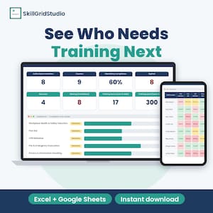 May include: A digital dashboard display titled See Who Needs Training Next by SkillGridStudio. The interface shows metrics for team members, courses, and compliance, with a progress chart for various safety training modules.