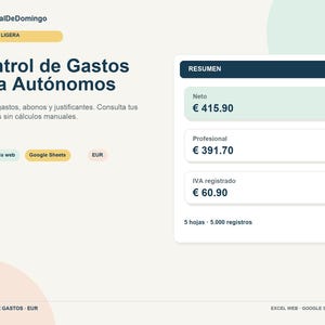 Puede incluir: Una plantilla digital de control de gastos para autónomos titulada Control de Gastos para Autónomos. Incluye un cuadro resumen con totales netos, profesionales y de IVA en euros, junto con etiquetas de compatibilidad para Excel y Google Sheets.
