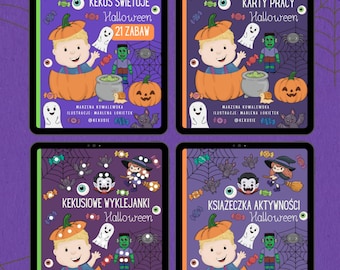 May include: Four digital tablet screens displaying Halloween-themed activity books with illustrations of a child in a pumpkin, a witch, a vampire, a ghost, and a Frankenstein monster on a purple background with spiderwebs and candy.