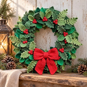Christmas Wreath Crochet Pattern PDF, Evergreen Holiday Door Decor, Crochet Leaves Berries and Bow, Festive Digital Download