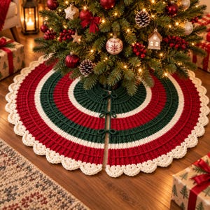 May include: A round, crocheted Christmas tree skirt featuring concentric bands of dark green, deep red, and cream. The skirt has a scalloped cream-colored border and three small, decorative bows along the center slit for closure.