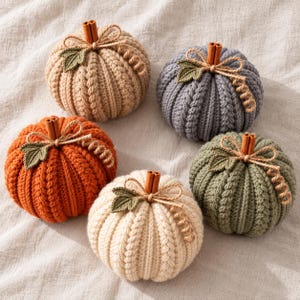 Può includere: Cinque zucche all'uncinetto nei colori beige, grigio, arancione, crema e verde salvia. Ogni zucca presenta una consistenza a coste, un gambo fatto di stecca di cannella, una piccola foglia verde all'uncinetto e un fiocco di spago.