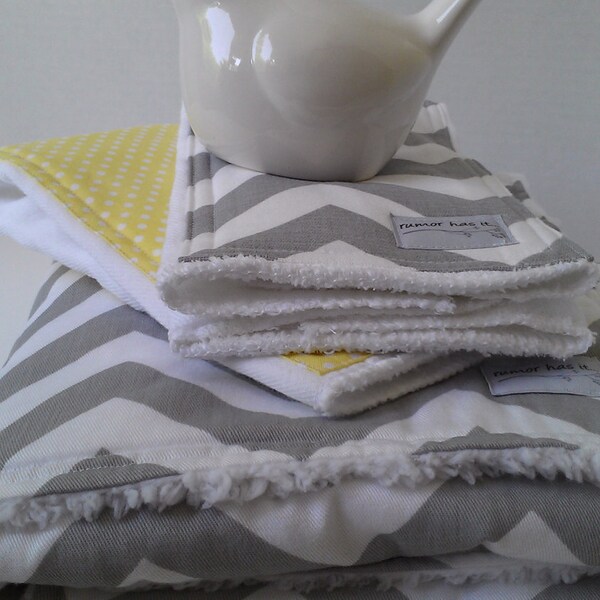 Gray Chevron Set, Baby Snuggle, Cuddle Blanket and Gray Chevron/Yellow Dot Burp Cloth Set (2)