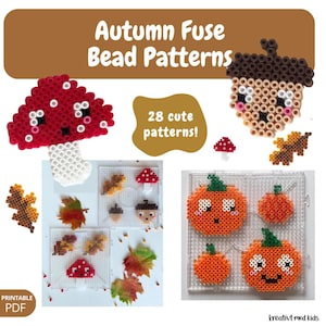 Könnte beinhalten: Eine Sammlung von herbstlichen Bügelperlenmustern mit 28 Designs. Das Bild zeigt verschiedene Bügelperlenkreationen, darunter einen roten Pilz, eine braune Eichel und orangefarbene Kürbisse, zusammen mit echten Herbstblättern und Steckplatten.