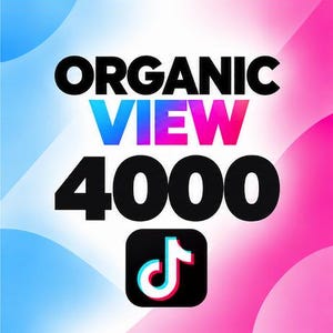 May include: A square graphic featuring the bold black text ORGANIC VIEW 4000 centered over a gradient background transitioning from blue to pink. Below the text is a black rounded square icon containing the white and cyan TikTok logo symbol.