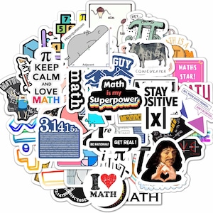 May include: A collection of assorted vinyl stickers featuring mathematics-themed designs, including text like Pi, Math is my Superpower, Stay Positive, and Cowculator, alongside illustrations of geometric shapes, numbers, and historical figures.