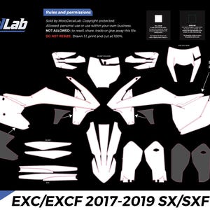 Modèle de décalcomanie vectorielle haute qualité pour KTM EXC/EXCF 2017-2019 et SX/SXF 2016-2018, avec pièces supplémentaires et téléchargement numérique instantané.