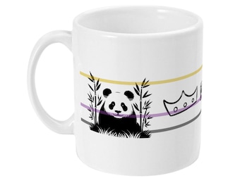 May include: A white ceramic mug featuring a graphic print of a black and white panda sitting among bamboo stalks. The design includes three horizontal stripes in yellow, purple, and gray, along with a simple line-art crown icon to the right side.